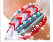 Chevron Woven Friendship Bracelet in Red - Pink -White Jewelry - Stack bracelets - Beaded Friendship Bracelet - Set of 5