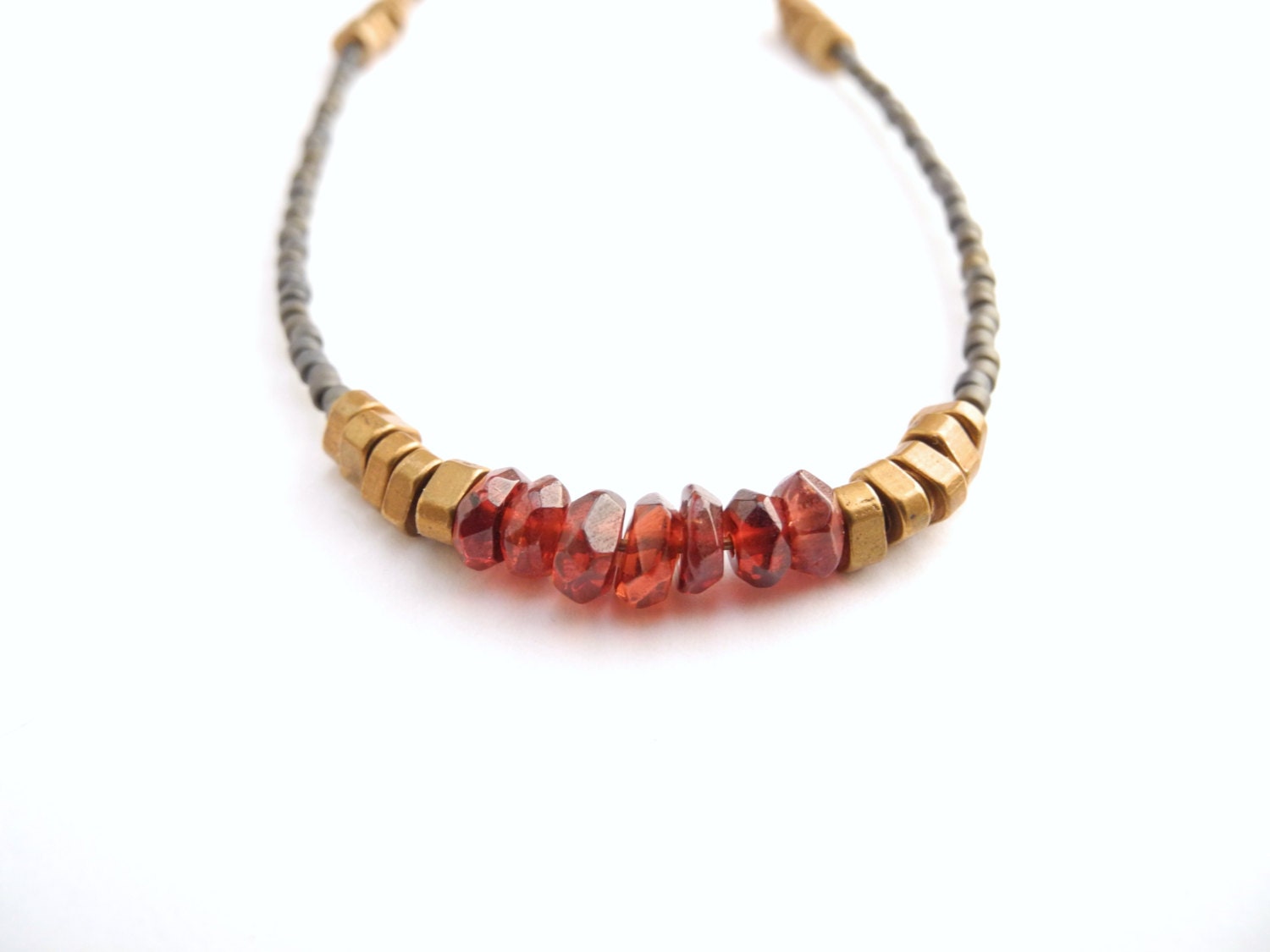 Garnet and Brass Necklace, Gray Beads, Antiqued Brass, Beadwork, Brass Chain, Gemstone Jewelry