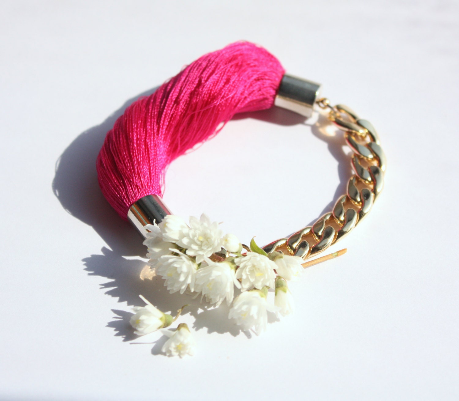 Fuchsia  Minimalistic Statement Bangle Fiber Chain Bracelet -  Summer Beach Jewelry - Beach Bohemian Chic Jewelry-