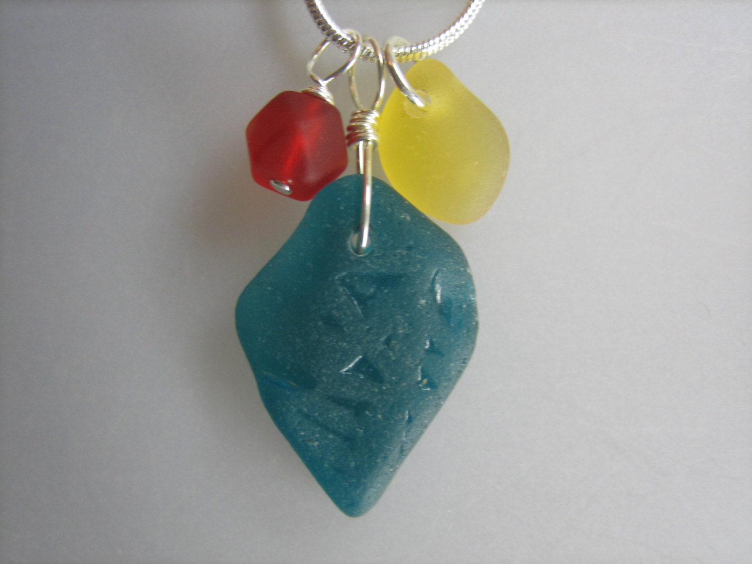 REAL BEACH SEAGLASS Sterling Silver Necklace Blue Pendant Red Beach Glass Bead Yellow Sea Glass Charm Genuine Surf Tumbled Jewelry N /89