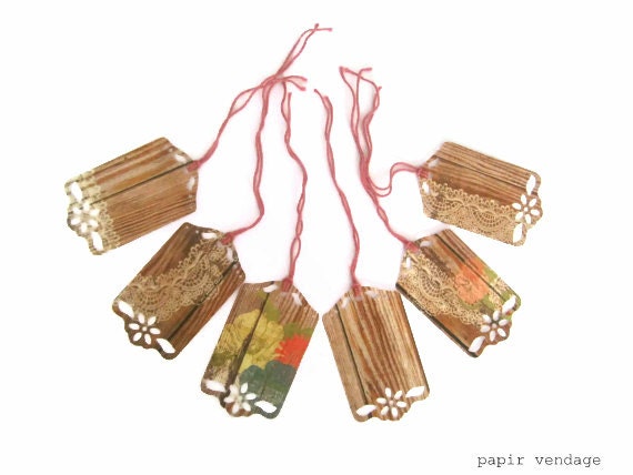 Wood-grain & Doily Tags, Detailed Flower Cut Designs, Shabby Chic Tags, Vintage Tags, Wood-grain gift tags, wedding escort tags, wish tree