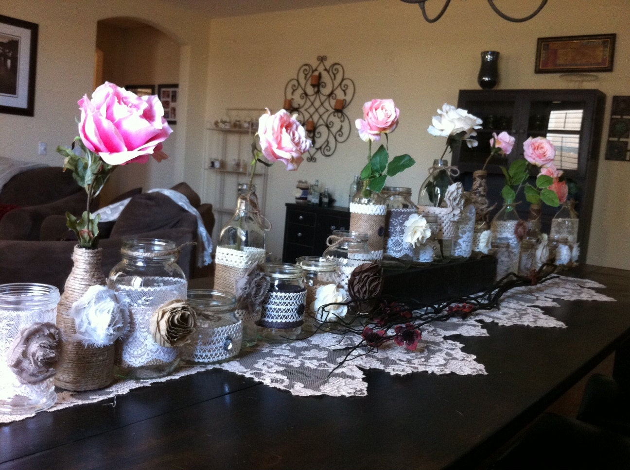 HEAD TABLE DECOR. 20  Bulk Burlap Lace Mason Jars. Rustic Wedding Decor. Barn Wedding. Farmhouse Decor, Wholesale Wedding Centerpieces