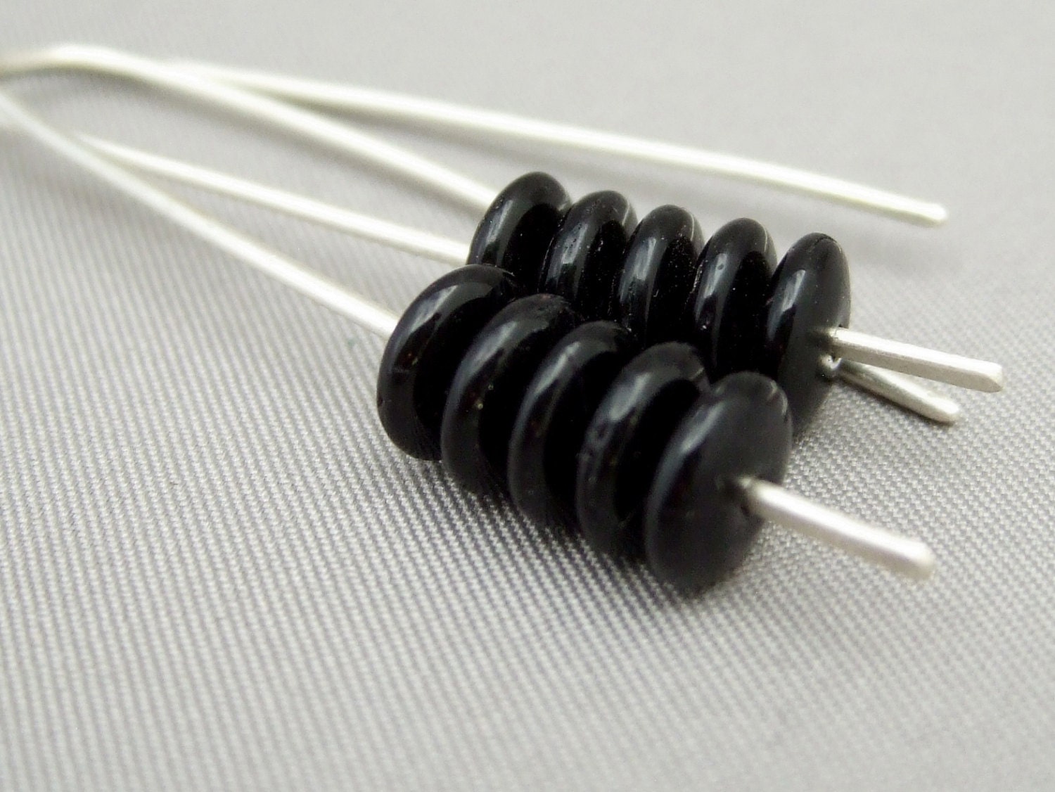 Black Opaque Czech Glass Stacked Sterling Silver Modern Contemporary Drop Earrings