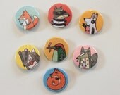 set of 7 woodland animals pinback badges / buttons