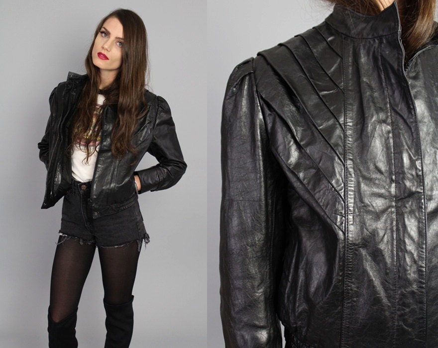 Vtg 80s Black Leather Cafe Racer Pleated Futuristic Bomber Jacket S-M