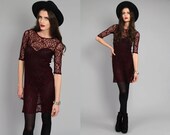 Vtg 90s Maroon Lace Crochet Grunge Floral Sheer Mini Dress S-M