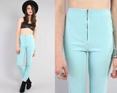 Vtg 90s Club Kids Aqua Spandex Ribbed Zipper Skinny Pants Leggings S