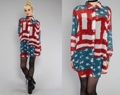 Vtg 90s Americana Sheer Stars Stripes Print Tunic Mini Dress S M L