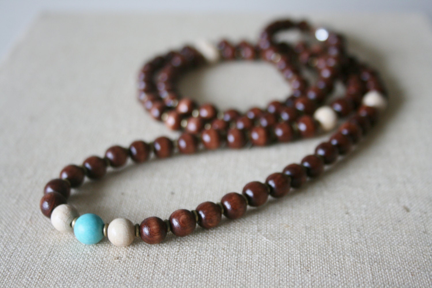 108-bead oak birch wood and turquoise mala // brass heishi // lotus // layered bracelet // yoga // handmade gift