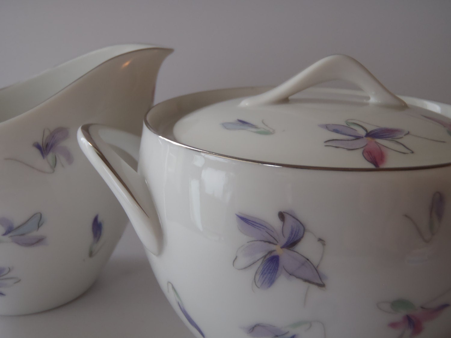 Cream and Sugar Set / SANGO Wood Violet Patten /Pink and Purple Violets on White Platinum Trim/Vintage Dishes by Feisty Farmers Wife