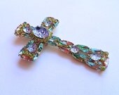 Pristine Vintage Cross pendant brooch with charming Marquise cut pastel rhinestones and lilac ombre ice cracked art glass