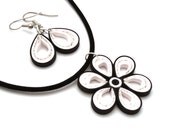 Black and White Malaysian Flower Necklace and Simple Paper Quilled Drop Earrings - AmandaDoster