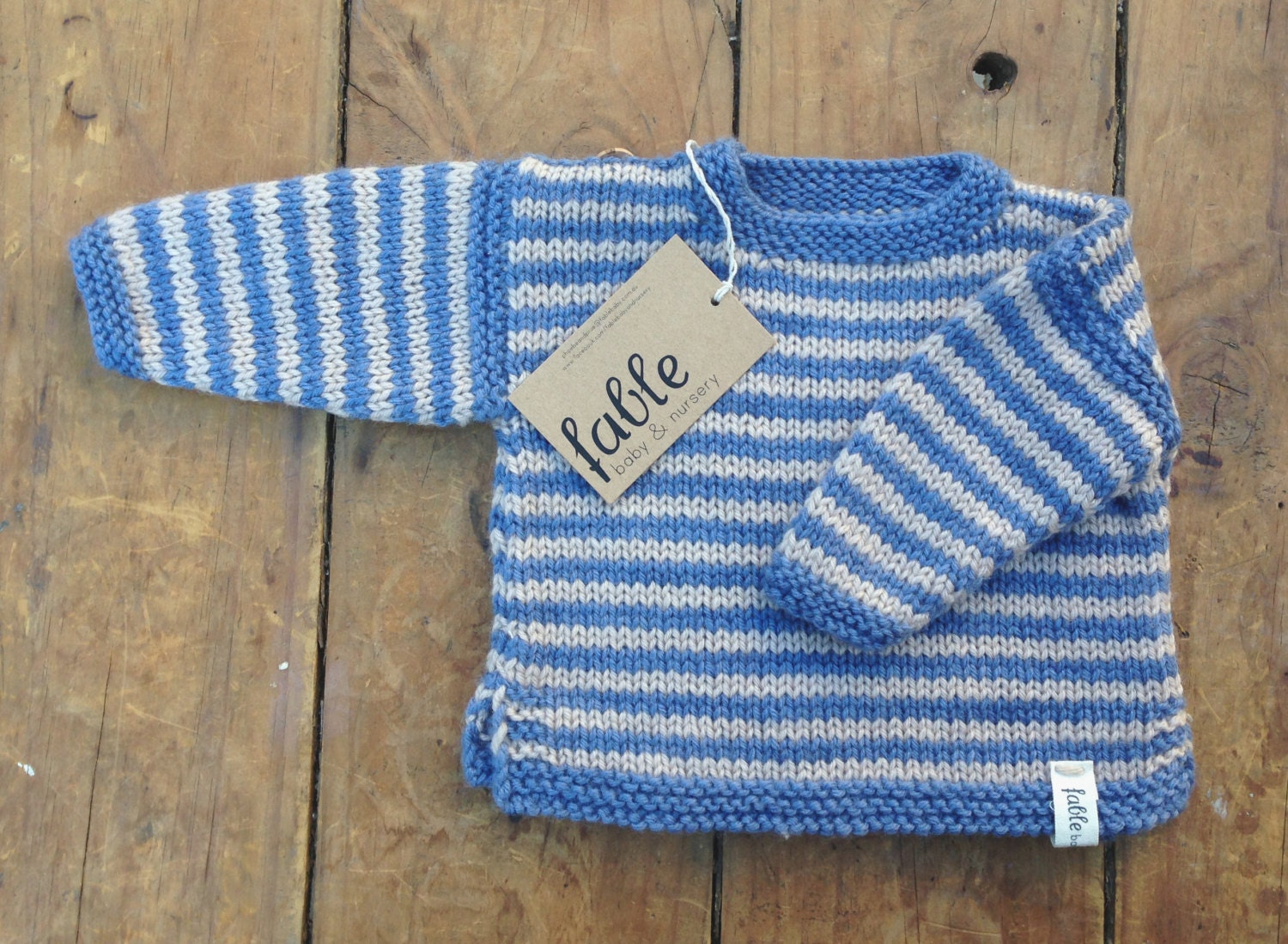 Hand Knitted Unisex Baby Jumper Wool and Silk - Blue & Natural Stripe