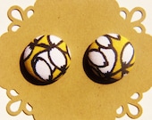 Black White Yellow Floral - Fabric Button Post Earrings - Button Earrings - Hypoallergenic Post - Stud Earrings
