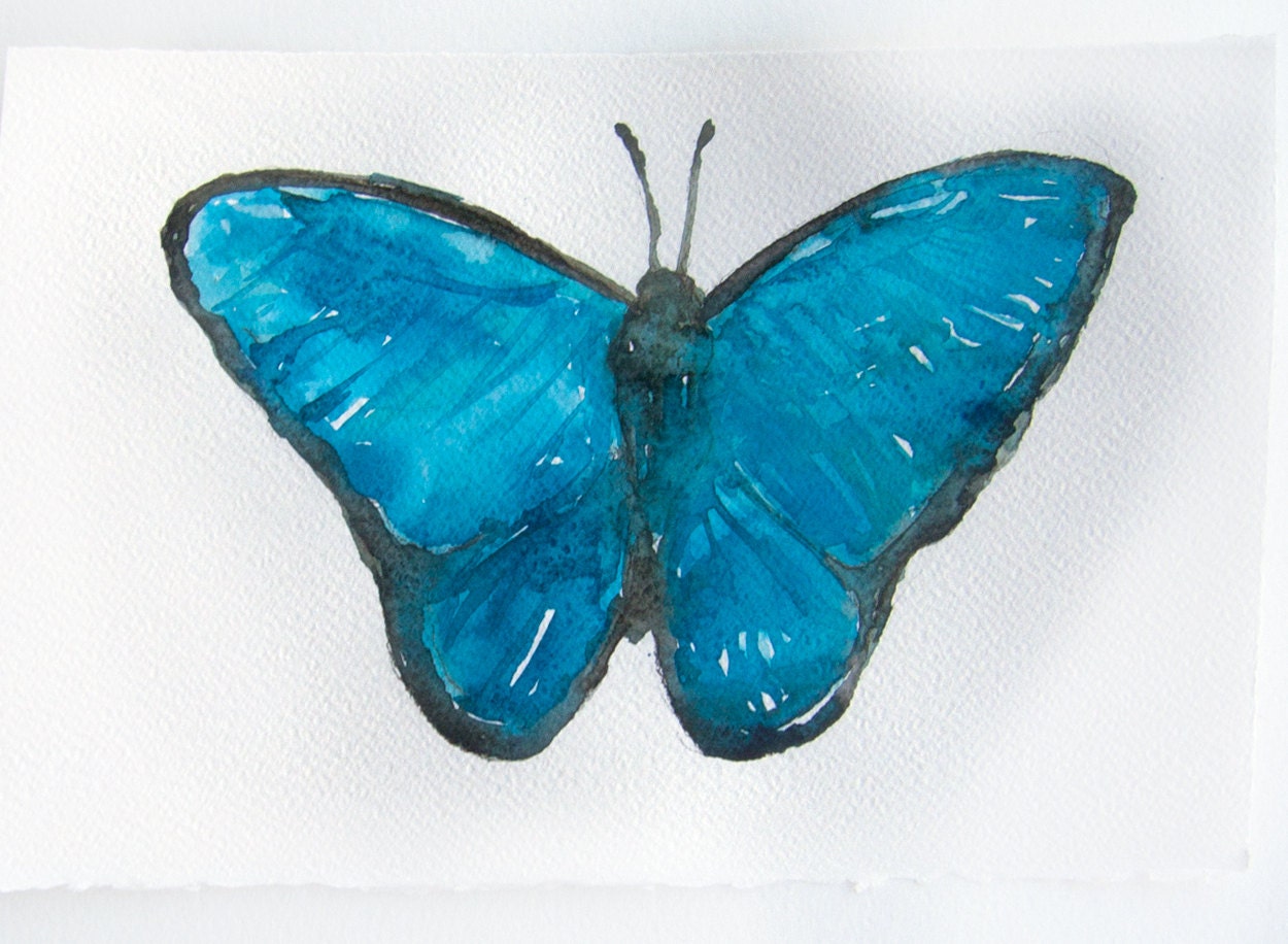 Watercolor painting of butterfly. Art original.Aqua blue turquoise butterfly painting. Small watercolor 7,5 by 11 inches