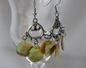Yellow Green Dangling Shell Chandelier Earrings - Handmade Jewelry - Long Earrings - OOAK - Ready to Ship