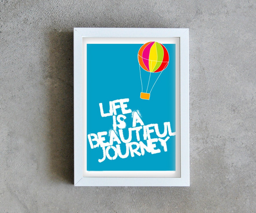 Blue art print, poster graphic life is a beautiful journey, balloon print colorful, sky print
