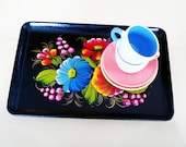 black lacquer wooden tray serving platter hand painted vintage kitch floral folk art colorful black red blue green pink