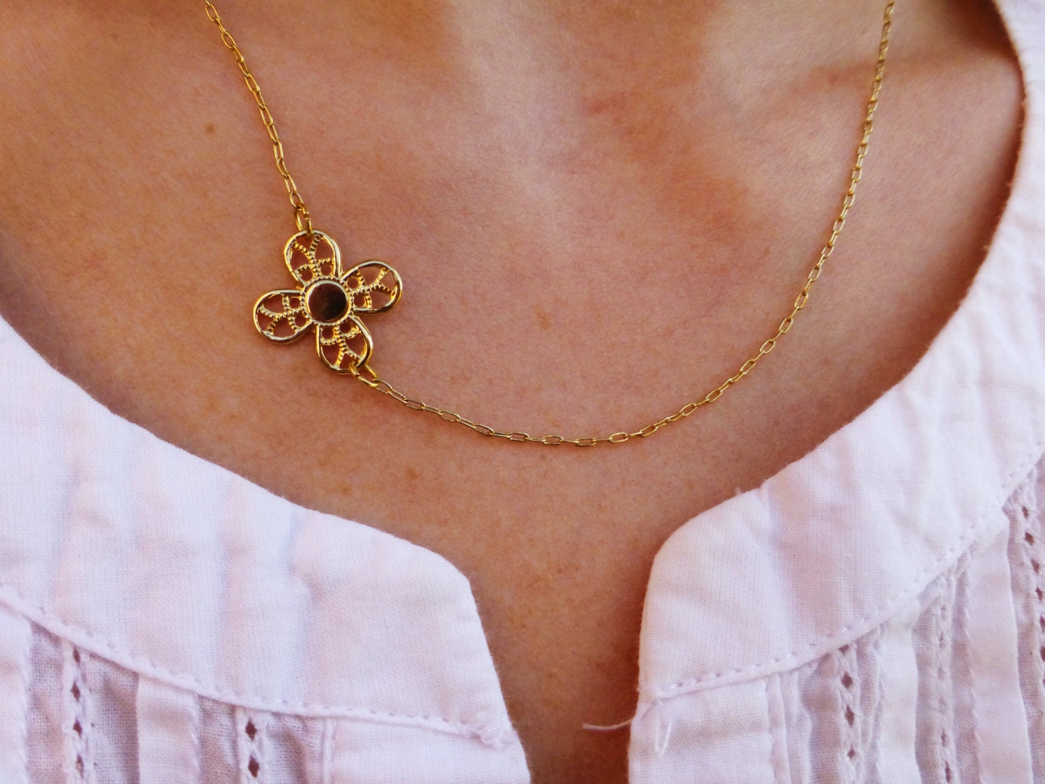 Sweet Sideways Cross Dogwood Necklace - Dainty Delicate Gold Necklace