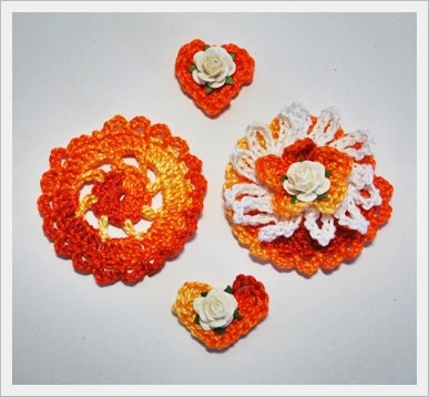 Variegated orange floral crochet embellishments