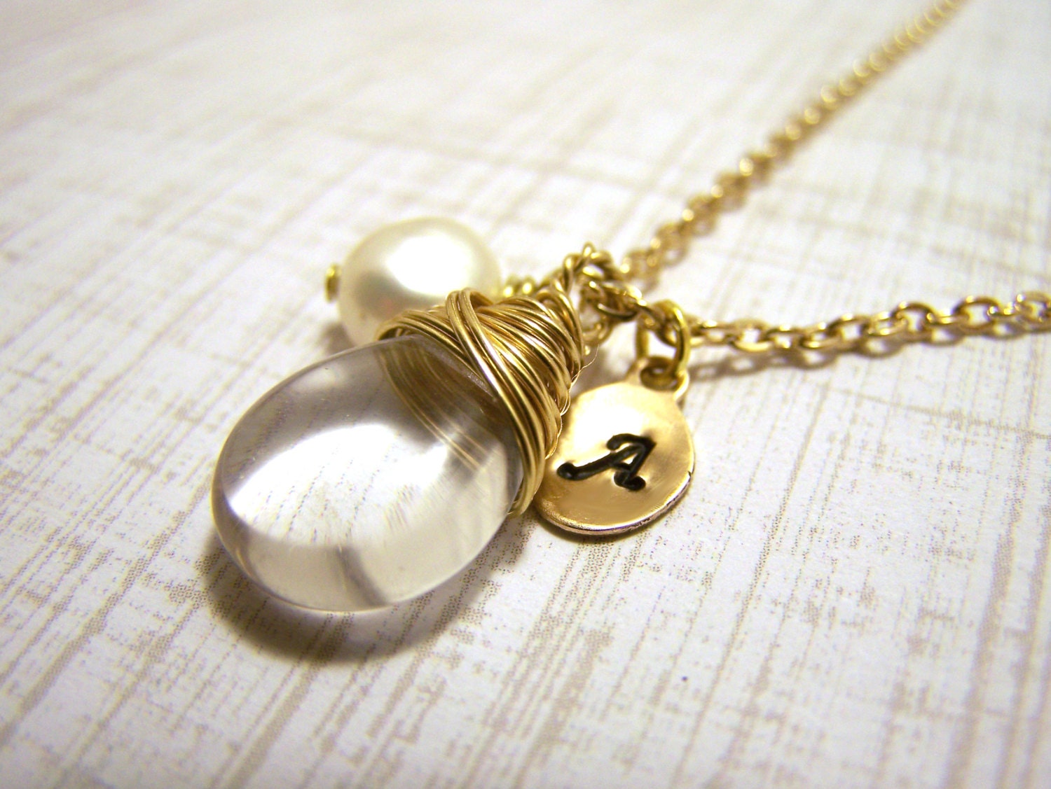 Freshwater Pearl and Briolette of your Color Choice and Gold Initial Stamped Wire Wrapped Personalized Necklace / Gift for Her