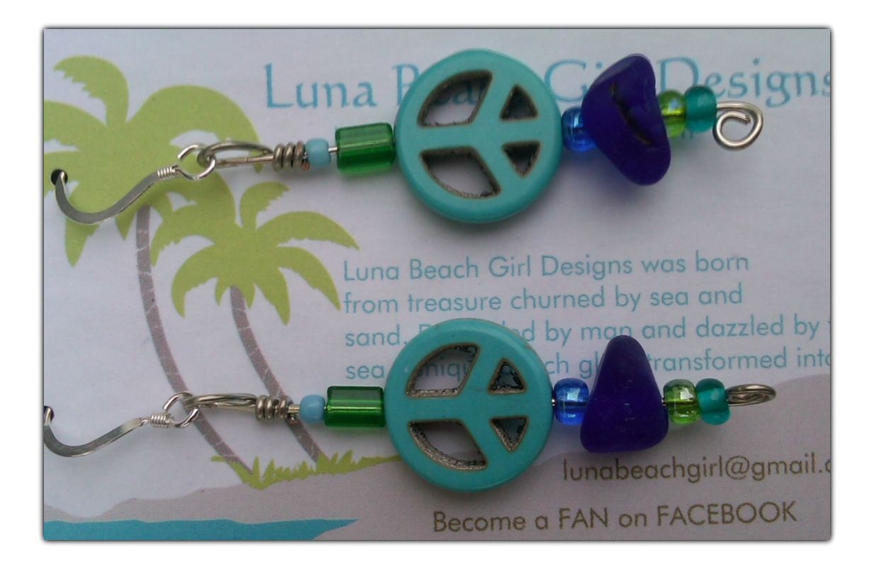Peace earrings with Blue beach glass