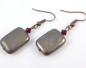 Pyrite earrings - golden bronze rectangular semi precious beads with red Swarovski Crystals - antiqued metal look gemstone