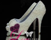 Luxury Ivory Pearl, Rose Crystals Hearts, Soles, Bridal Peep Toe Heels