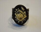 Vintage style antique style dark gold tone BROWN ROSE CAMEO Flower ring adjustable filigree ornate