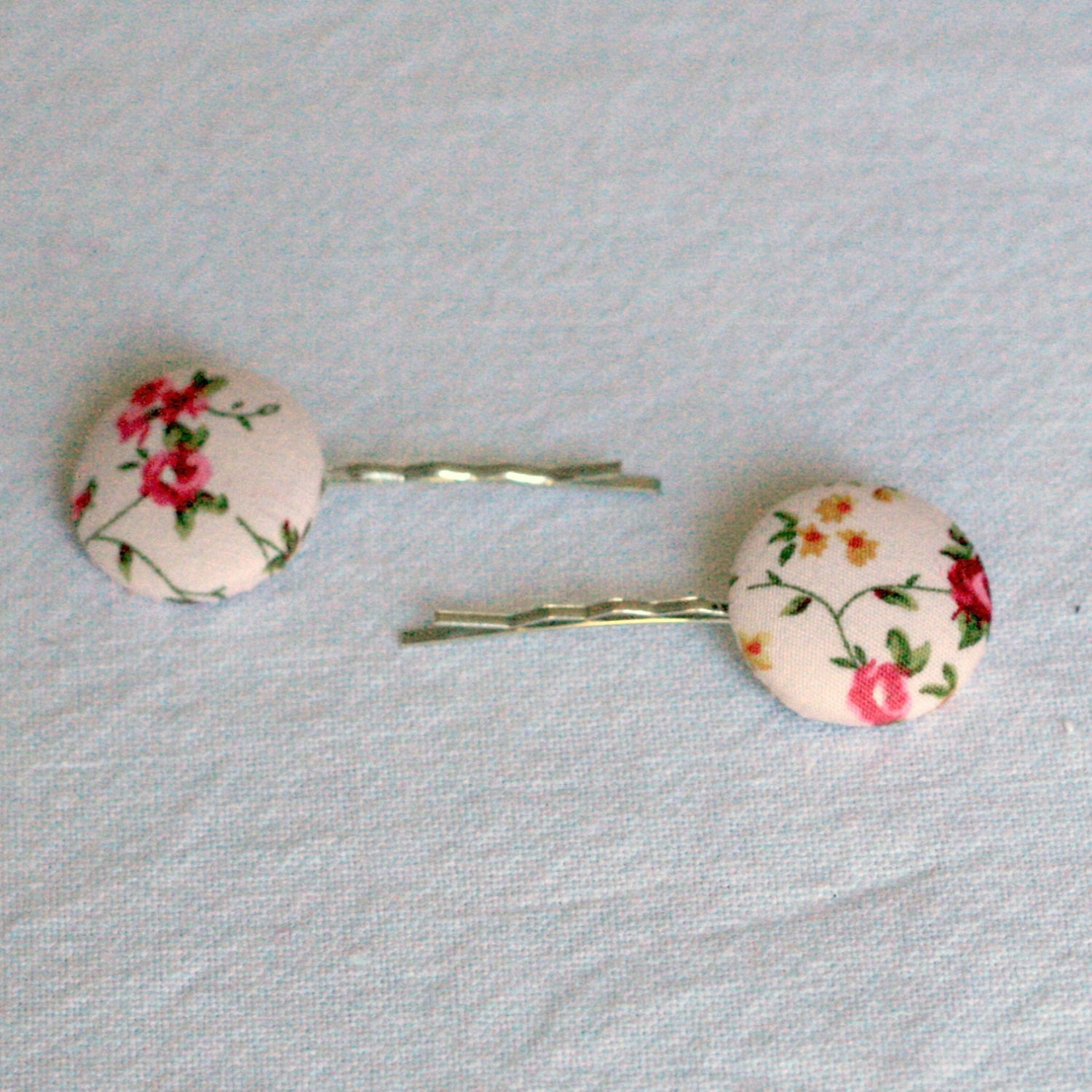Pink Floral / Flower Print Fabric Covered Button Hairslides