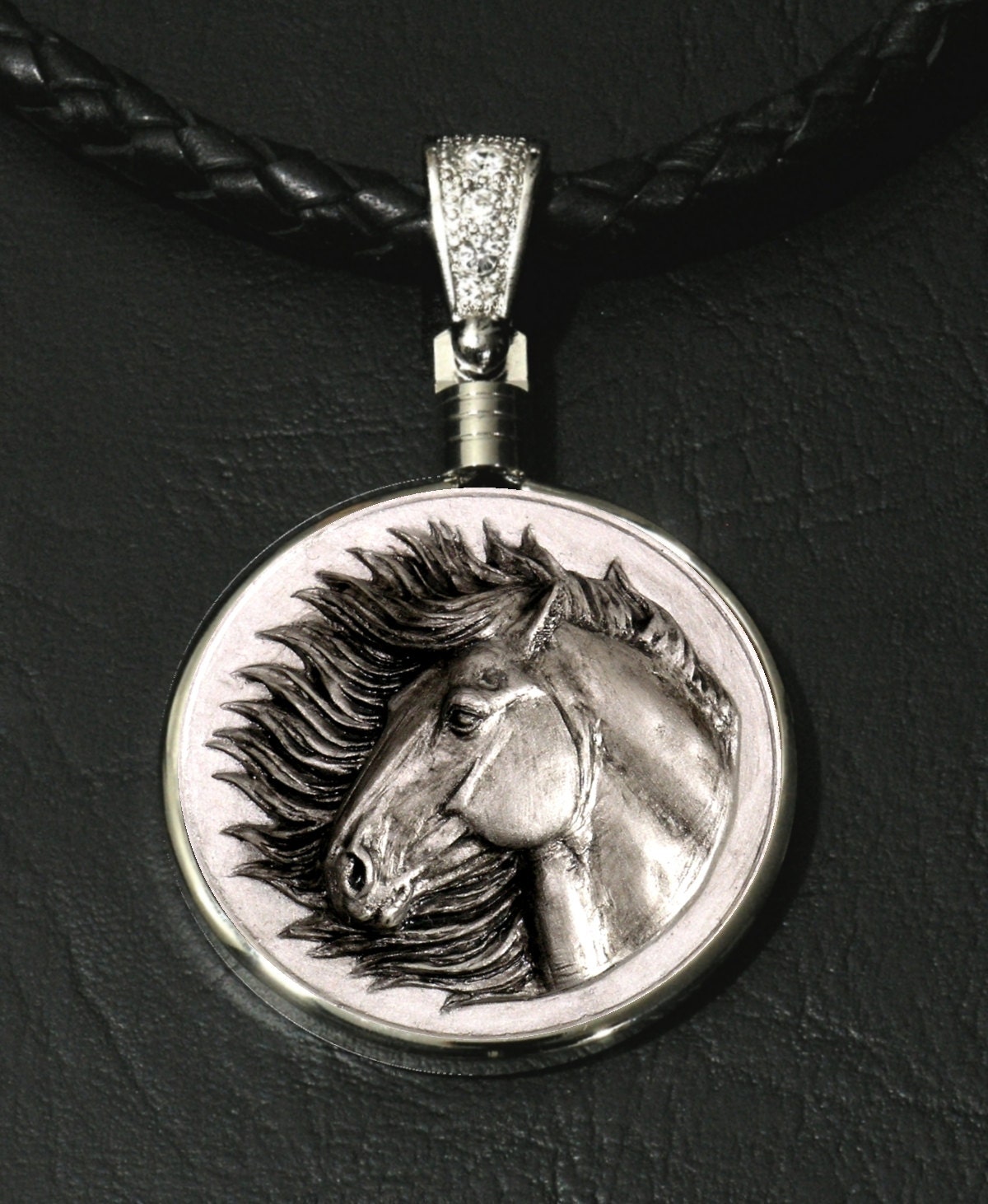 Wild Mustang Original Equine Art Medallion in Antique Silver Finish with 6mm Black Braided Leather Cord with Gift Box and COA