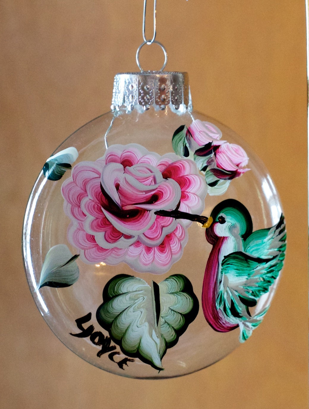 One Stroke Painting, personalized hand painted glass Christmas tree holiday ornament, red roses, green hummingbird