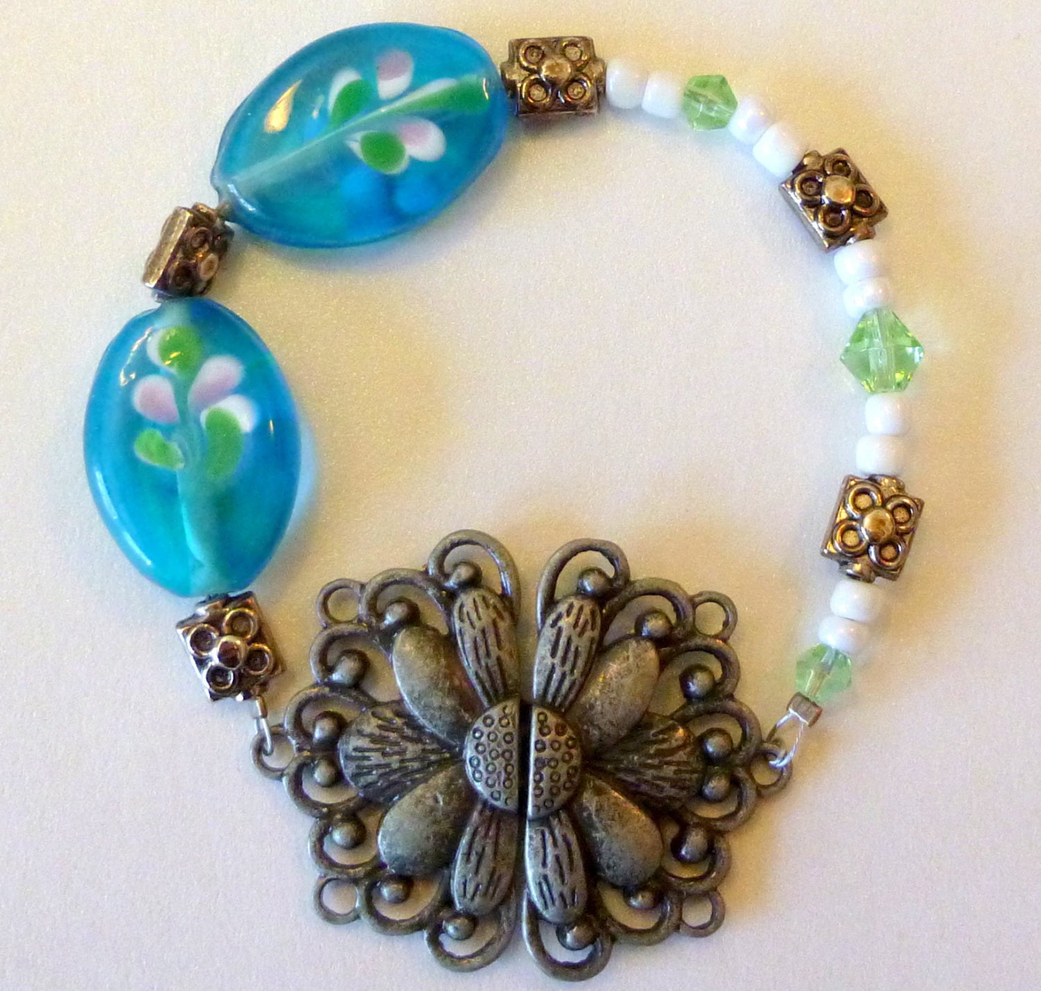 Green & Turquoise Glass Bracelet with Antique Pewter Flower Clasp. Pewter Jewelry. Blue. Pink. White. Silver Beads. Sale. Clearance Jewelry