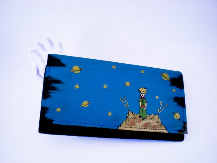 Large black leather wallet / Little prince  / Women wallets /  hand painted / vintage / spacious / coins,cards, notes: Le petit prince