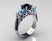 14K White Gold Three Stone Black Diamond Blue Topaz Solitaire Ring R200-14KWGBDBT