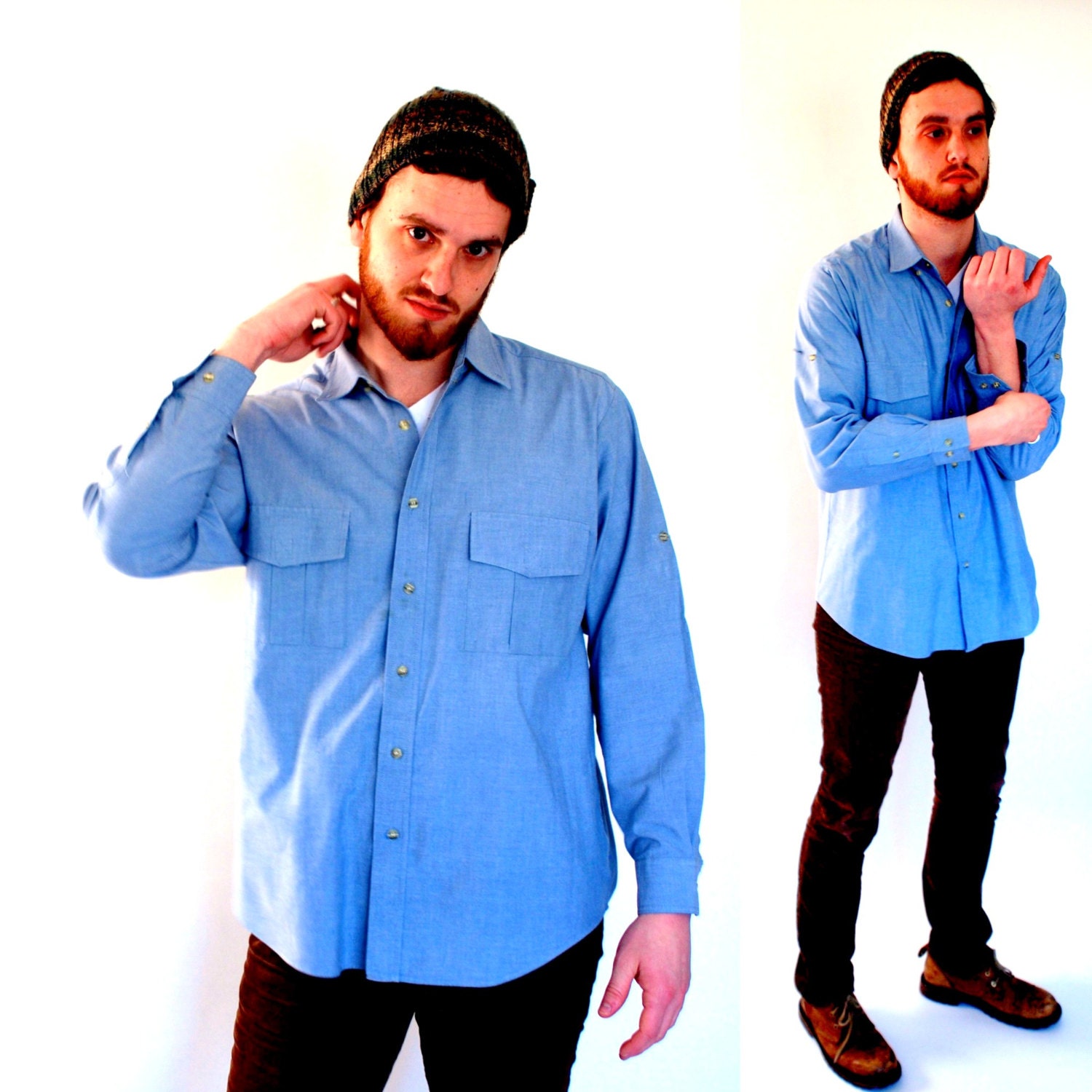 VTG 80s Mens blue chambray camping denim Long Sleeved fisherman's Button Down Shirt Hipster Rockabilly retro L