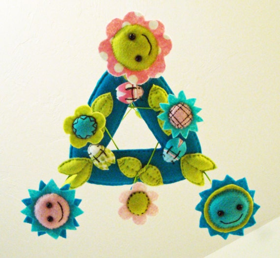Baby Mobile Crib - Baby Mobile of Flowers in Turquoise, Pink, and Chartreuse - Baby Facing