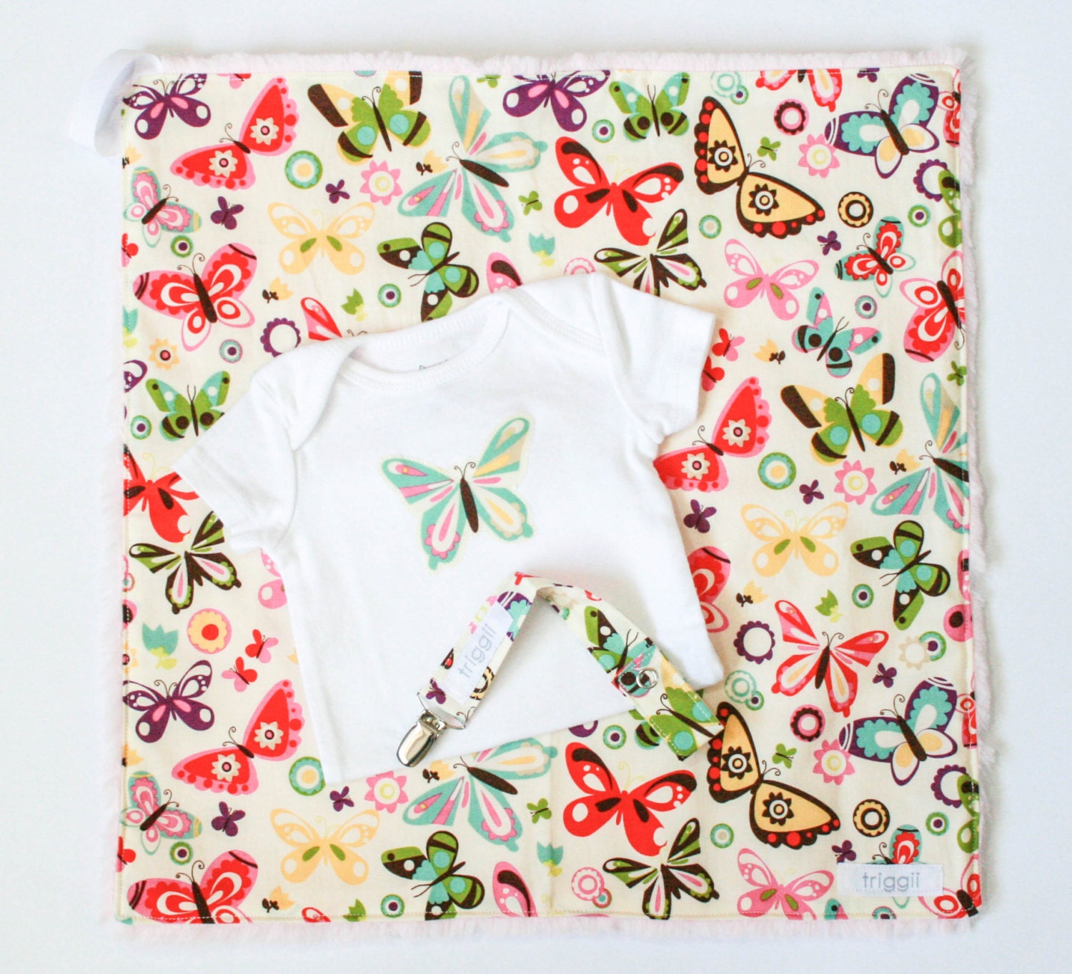 Baby Gift Set, Minky Lovey-Pacifier Clip-Appliqued Onesie, Size 3 Months, Multi-Wing Butterflies, Ready-To-Ship