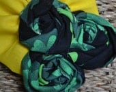 Shamrock Fabric Rosette Trio with "Pot Of Gold" Fabric Ruffle - Alligator Clip