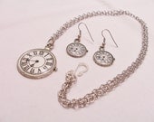 Metal and glass clock face pendant necklace and earring set - round clock pendant - glass clock earrings - glass pocket watch jewelry set