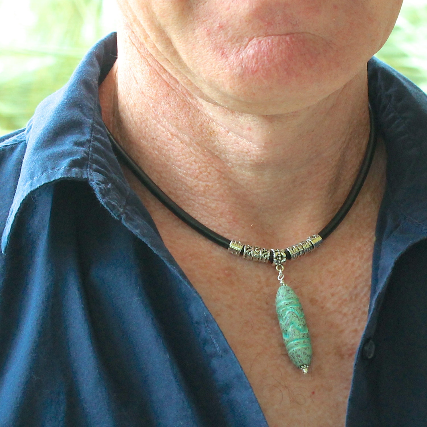 Men GREEK LEATHER Boho Necklace  - Unisex His or Hers Greek leather and greek Etched Barrel necklace - Wholesale Jewelry - Ref