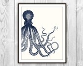 Offset Octopus Nautical Art Print - Sea Life Beach House Bathroom Art - Navy Blue Octopus