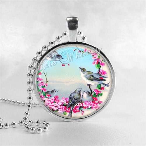 Bluebird Necklace Pendant Art Jewelry with Ball Chain, Bird Necklace, Blue Bird, Flower Necklace