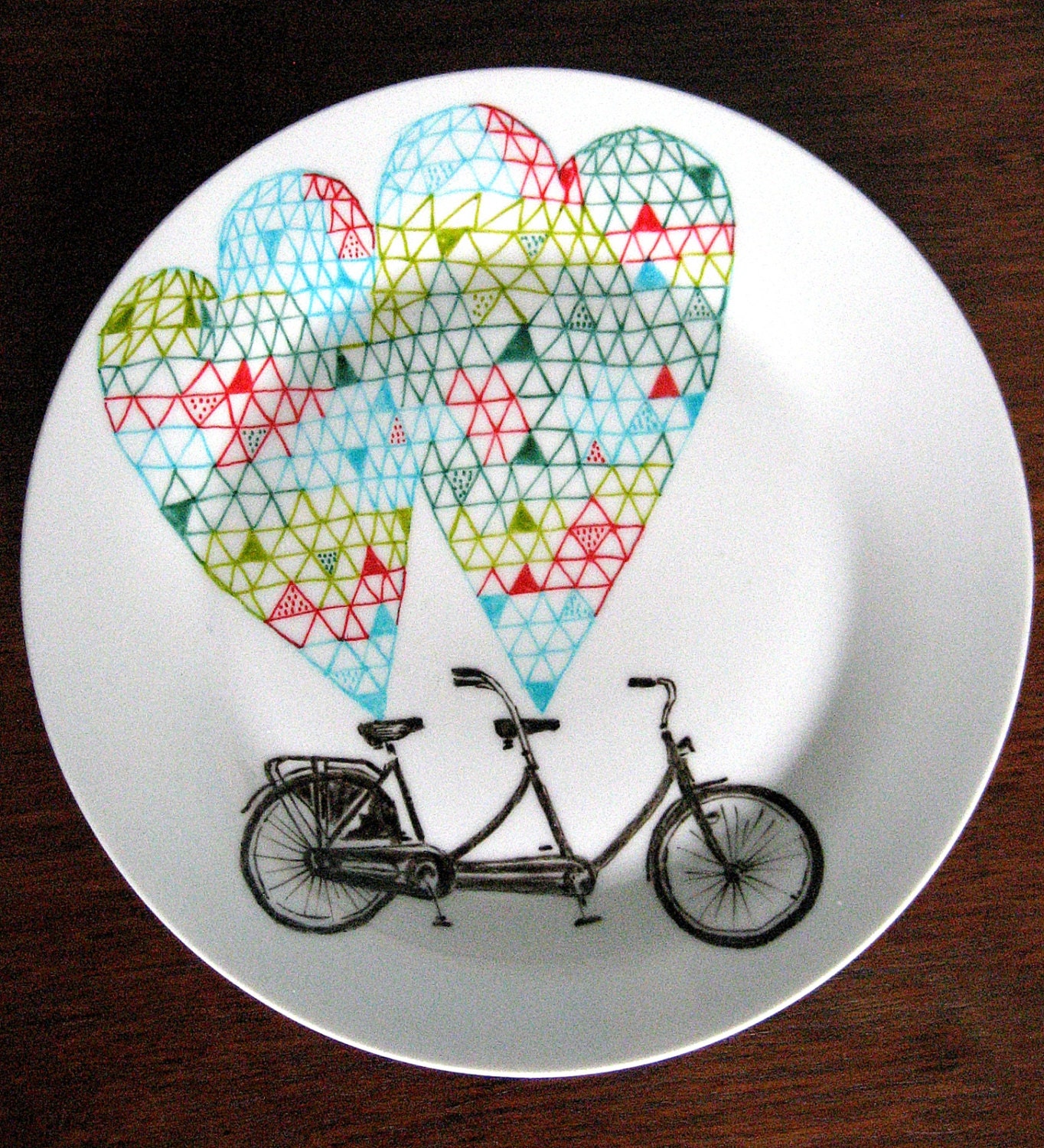 Love Tandem Bicycle Geometric Design Plates hand illustrated porcelain