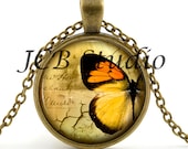 Butterfly Pendant - Butterfly Jewelry - Butterfly Necklace - Vintage Bronze Black Orange Yellow Butterfly Art - Bug Picture - Gift Bag