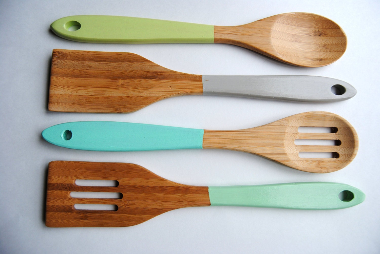 Set of 4 Dipped 12" Wooden Bamboo Slotted Solid Kitchen Servers Cooking Spoons & Spatulas - Sea Urchin - Grey, Blue, Green, Mint