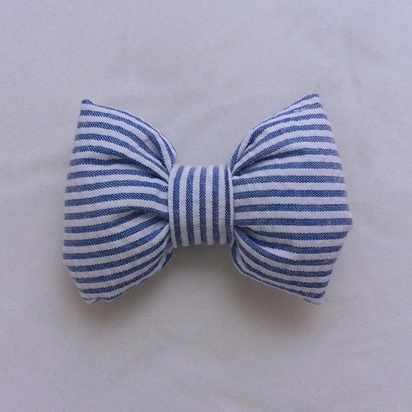 Hair Bow Clip in Blue and White Thin Stripes