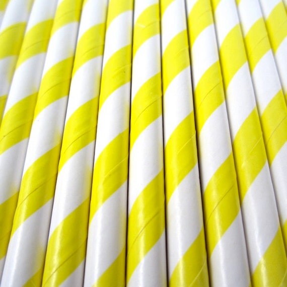 25 YELLOW and WHITE Striped Paper Straws - Cake Accessory Lollipop Sticks - Baking Craft Party Supplies Il_570xn