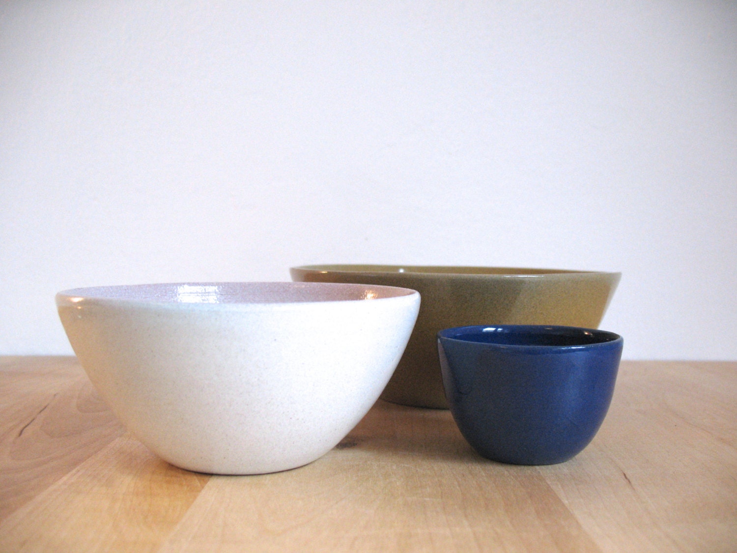 Ceramic nesting bowls in Mustard Blue and Bone white Food prep Kitchen servings - Ready to ship