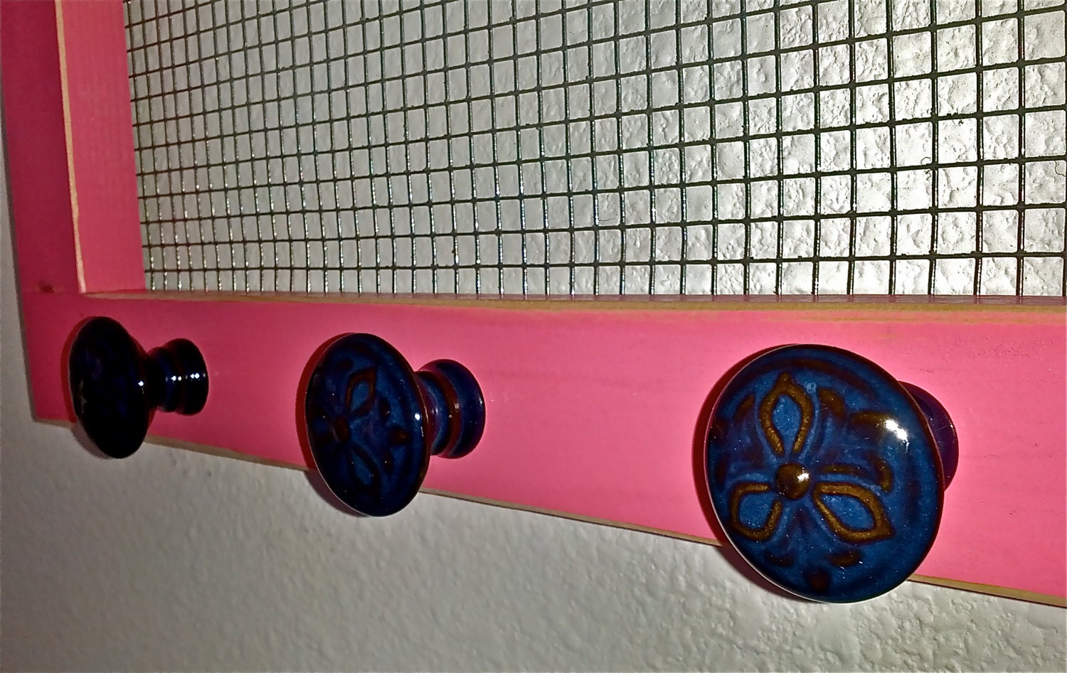 Funky Pink Jewelry Earring Holder Organizer with Blue Floral Ceramic Knob Great Gift
